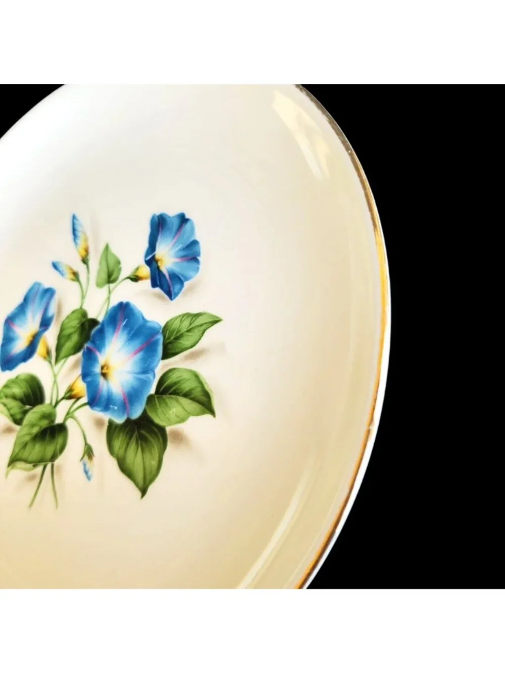 Vintage Ceramic Plate Blue Morning Glory Floral Gold Trim 8 Inch